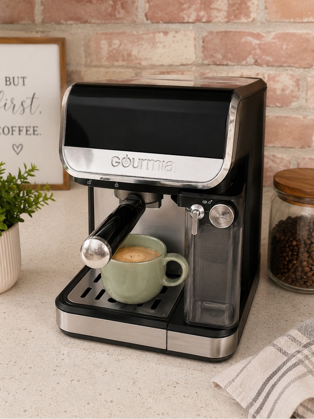 Gourmia 8-in-1 One-Touch Espresso Maker, Sealed, 15-Bar Pump, Auto Frothing
